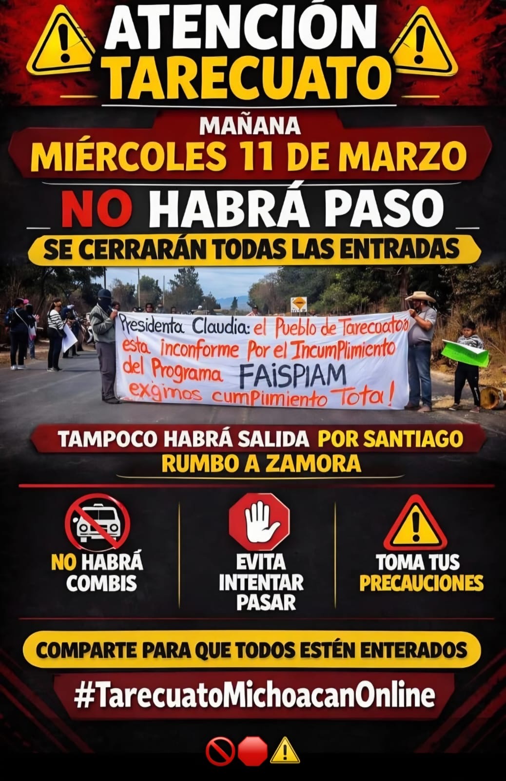 Cierran carreteras en Tarecuato, exigen entrega de recursos federales