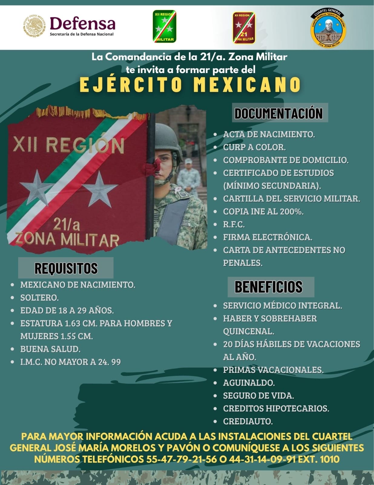La 21/a. Zona Militar invita a mujeres y hombres a formar parte del Ejército Mexicano